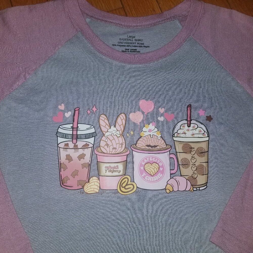 Super cute 3/4 sleeve baseball style top with coffee theme size large